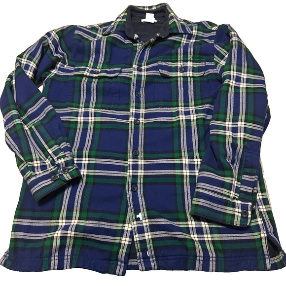 L.L. Bean Shacket Jacket Mens S Blue Green Plaid Pockets Fleece Lined Work Camp - Picture 1 of 12